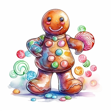 Gingerbread Man hold Candy style by Lucy Fleming, watercolor, smooth gradients, black contour outline, ultra detailed, clipart elements, delicate pastel colors, solid white background, super clear, high quality