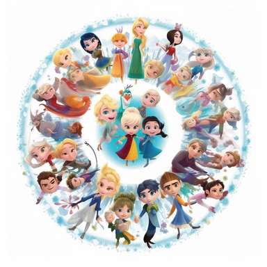elsas world frozen animation style show only characthers, disney pixar style, top view, circle format, clipart white background