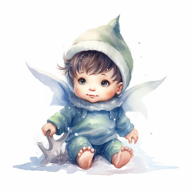 Cute Christmas fairy baby boy watercolor clipart, isolated on white background, watercolor, high detail, unique, intricate detail, hand - painted q 2 v 5. 1