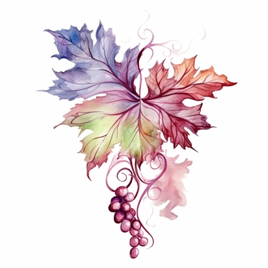 Fantasy Style Grapevine Leaf with watercolor effect,grapwines and grapes,suitable for digital clipart,white background,Mythologic Scene