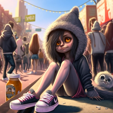 anthropomorphic Cute hooded female , fluffy fur and big eyes, long tail, wearing jeanz sitting in the middle of a crowded street, sunbathing, clip art, beer bottle by feet, sneakers shoes, anime,