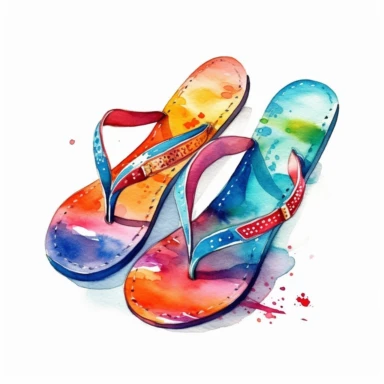 Watercolor Flip flops - casual footwear, perfect for hot summer days at the beach or pool clipart, HD, on white background, spaced out