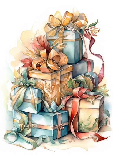 gift packages painted in the style of jody bergsma, 32k uhd, hand-painted details, charming illustrations, amazing enchanted colour combinations , aquarellist, hd , white background clipart