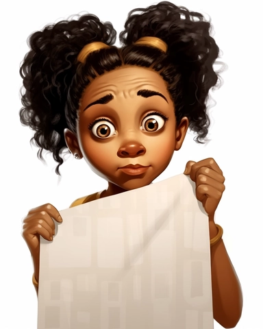 Cartoon Clipart braided hair girl holding a blank blank background, Norman Rockwell a young african american woman holding up a white sheet stock photo, in the style of street style realism, uhd image, illustrated advertisements, eye-catching composition, photorealistic detail, light silver and brown, matte photo