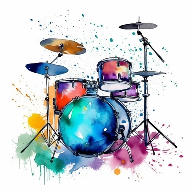 watercolor clipart, one individual drum set, vibrant splash of color, white background
