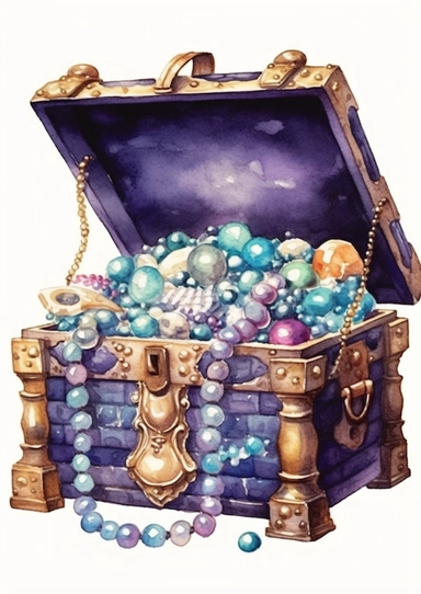 cute watercolor underwater treasure chest full of pearls clipart, full body, hd, on white background, spaced out
