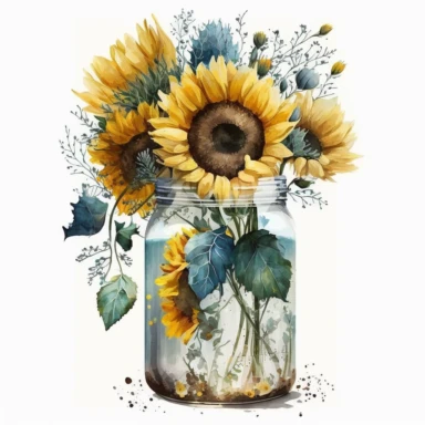 watercolor sunflower clipart, sunflower floral bouquet, white background, sunflower bouquet in the jar, no text