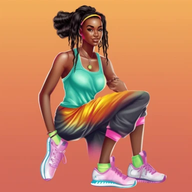 beautiful black teenage girl with beautiful pinned up hairstyle, dressed in bright colored fitness attire. Full perspective and, long shot A young black woman with full lips and a big beautiful smile, dressed in a jogger, has pinned up hairstyle and beautiful shapely legs, wearing sneakers, clipart in the style of digital airbrushing, feminine sticker art, dollcore, realistic face, realistic body, glamorous,