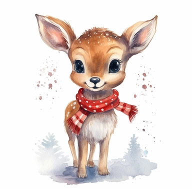 watercolor small cute christmas deer clipart with margins, digital watercolor, for children’s book, design lovely style, cartoon funny, simple watercolor, white clean background