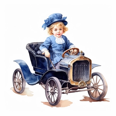 Watercolor Victorian baby girl in driving a dafk blue ford t car from the era clipart , on a white background, Illustration clipart, 4K, extremely detailed