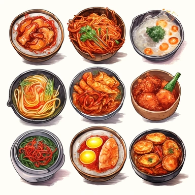 Kimchi, Korean fried chicken, Tokpokki, Ramyeon, Jajangmyeon, Kimbap, Bibimbab, Shabu Shabu, Sundubu jigae, Ginseng chicken soup, korean food, white background, clipart, Object, vector collection, 8k, watercolor