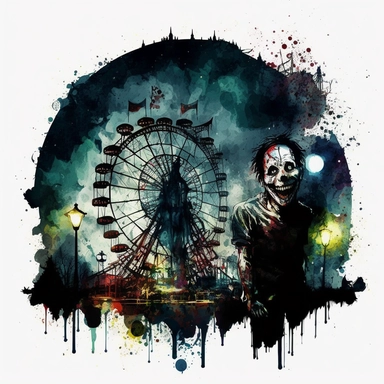 A spooky carnival at night with bright lights and creepy clowns, an abandoned Ferris wheel in the background, a sense of abandonment and decay, watercolor and ink drawing, white background, clipart, spaced out, HD, fantasy