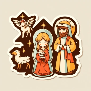 vector sticker design, anime style Christmas nativity clipart, white background, flat colors