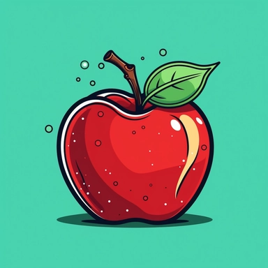Create a clipart of a red apple with a green leaf attached at the top, placed on a plain, high contrasted background in a cartoon style. The apple should appear shiny and fresh with a crisp outline and bold colors, making it easy to recognize and suitable for use in various clipart projects.