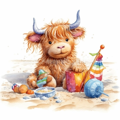 Baby Highland Cow play in the beach with beach toys, highly detailed, cartoon, watercolor, clipart, illustration, white background, digital painting, paper crafting, no signature, no text