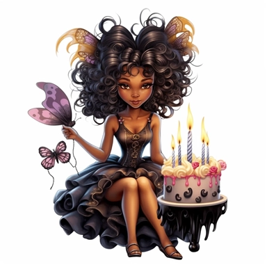Birthday black Fairies Clipart, Illustration clipart, 4K, extremely detailed Sublimation Clipart,Cartoon,hyper realistic, intricate detail, illustration style,high solution,on the white background