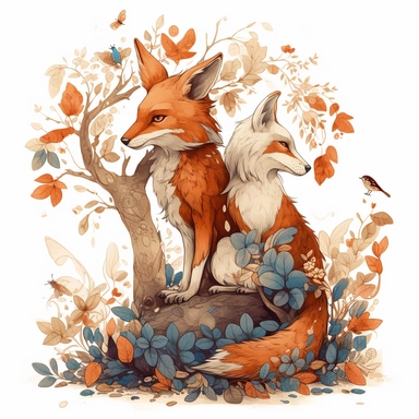 A whimsical scene of a fox and a rabbit sitting on a tree branch, surrounded by a flurry of leaves and flowers. The fox and rabbit are rendered in Marumiyan's signature style, Clipart, 8k, HD, white background