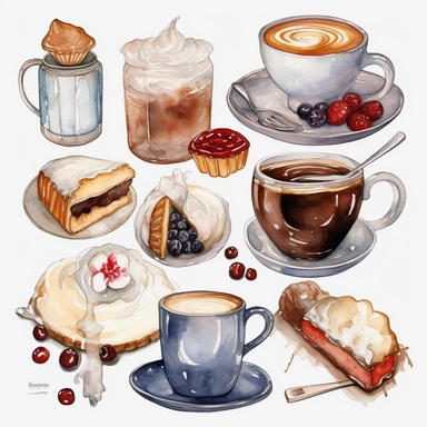 High Detail clipart of coffee, no lines, no outlines, clipart, featured on dribble, american Dinner clipart, minimalist, computer vector graphic design clip art, watercolor illustration clipart, watercolour clipart, watercolor illlustration for Recipe Books, book illustration, print on demand image, PNG tranparent background