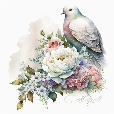 clipart aquarelle watercolor, detailed ans realistic, white background. beautiful flower tribute in white color, white theme, Bouquet for funeral, loss, sorry, with additions like sash ribbon, white dove