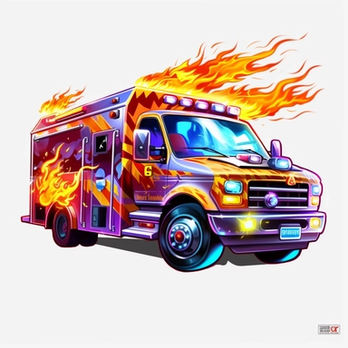 clipart, ambulance with lights on, flames under the hood, wheels falling off, transparent background, ultra high quality