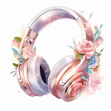 ! Watercolour rose gold and pastel detailed 3d gaming headset, surrounded by beautiful roses and Swarovski crystals and diamonds, svg clipart style, solid white background, clipart element, clipart style highly detailed beautiful