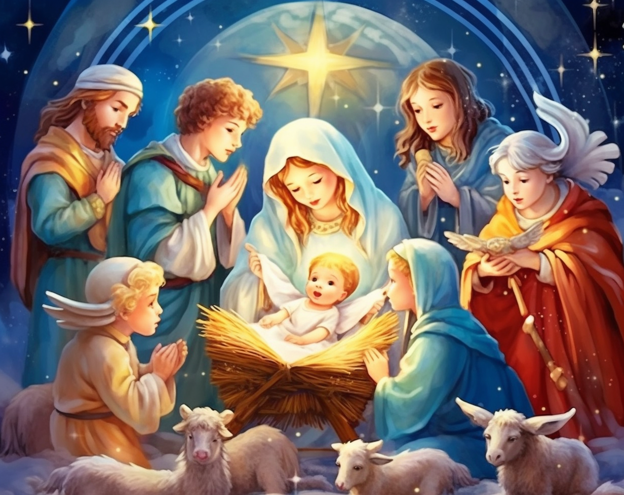 clipart of children of christmas rejoicing in nativity, in the style of ...