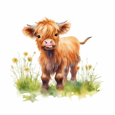 a sweet baby highland cow chews grass, sticks out tongue, drinks water, smiles, runs on grass clipart with watercolor illustration,full body shot,8k,etsy style, white background