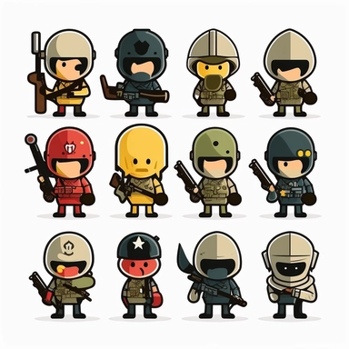 10 stickman soldiers stickers collection, clipart design, cartoon, 4k, white background, photo realism