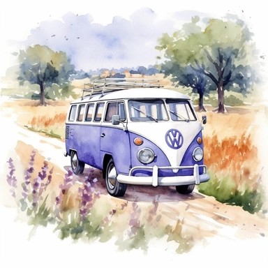 watercolor french romantic volkswagen bus clipart, with a lavender field in the background, the background is emphasized, realistic background view, clipart, white background
