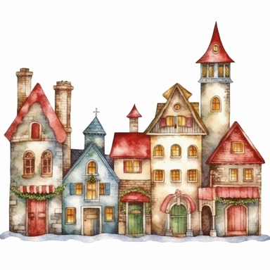 watercolor clipart of Christmas village, vintage red green gold colors, isolated on white background