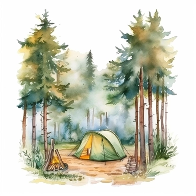 camping scene in forest watercolor style clipart on white background with margins