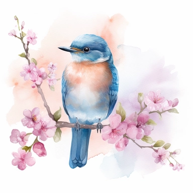 A watercolor illustration of a blue bird on a branch of pink flowers clipart, in the style of instant film, frieke janssens, adrianus eversen, pictorial fabrics, cute and dreamy, cherry blossoms, uhd image on white background
