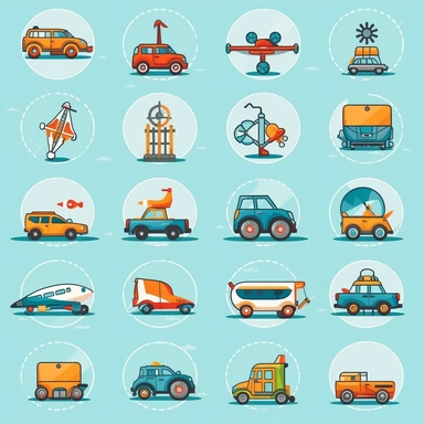 Create a clipart collection of colorful and vibrant icons depicting different modes of transportation (e.g., cars, bicycles, airplanes) for a travel-themed PowerPoint.