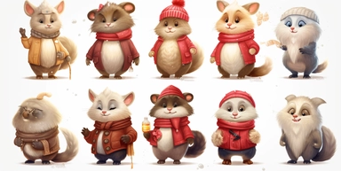 clipart set, nine cute animals dressed like santa, for children, transparent background, high detailed official artwork, class hunter, full-body character portrait, evokes feelings of joy, sitting on santa, champagne, john park, the average redditor, swedish design