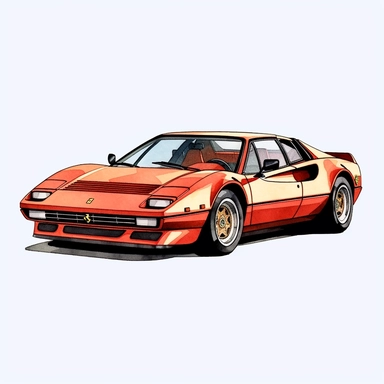 Clipart of a Ferrari 308 GTS minimal details, aquarel colored cartoon style with thick borders. Only the car. White background, no floor, no shadow