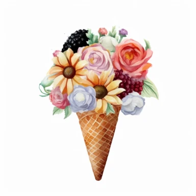 Ice Cream Flowers Cone Watercolor Sublimation Clipart, Clipart, white background, no watermark, no text, no word,