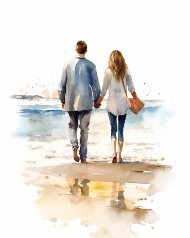 watercolor clipart couple walking on the beach, hyper realistic, 8k, isolated on white background