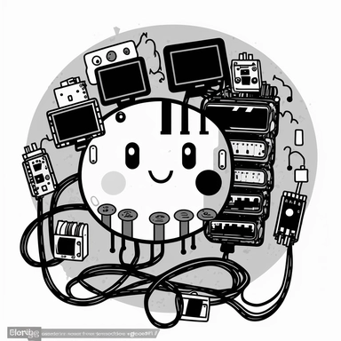 clipart of a cute vertical computer pill, full of circuits and cables and electronic components. Beautiful, flat, cute manga style, black and white, round image borders