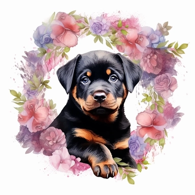 watercolor realistic rottweiler puppy clipart in a floral frame with transparent background