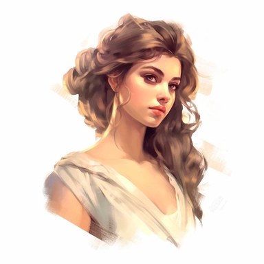 beautiful stunning pretty vintage greek goddess character, paint art style, clipart, white background, superrealistic, one of a kind