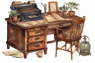 watercolor antique office desk, cottagecore, singular clipart element