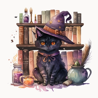 Watercolour cute black witches cat, wearing a witch hat, clipart. The cat is sitting on a bookshelf, surrounded by books and potions. Its fur is a mix of black and orange shades, and its eyes are looking directly at the viewer. The witch hat has a purple ribbon, and the cat is holding a feather quill in its paw. The bookshelf is in a dark, candlelit room, with cobwebs and a cauldron in the corner. The books have titles like The Art of Witchcraft and Magical Potions and Spells. The potions on the
