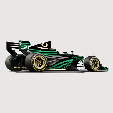 side view, full image, black and Green formula one Ferrari style racing car clipart style, solid white background