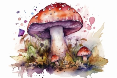 watercolor fantasy purple toadstool mushroom with a ladybird clipart, surrounded by plants, fairy mushroom, on watercolor stain, hd, isolated on white background, spaced out