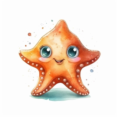 happy baby star fish with big round eyes, watercolor Illustration clipart, 4K, extremely detailed