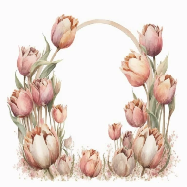 rounded horseshoe arch of tulips. clipart. watercolor. dusty pink/rose pastel tones. white background