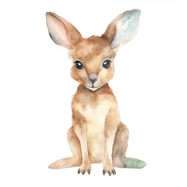 a dreamy baby kangaroo with kind eyes clipart with watercolor illustration,full body shot,8k,etsy style, white background