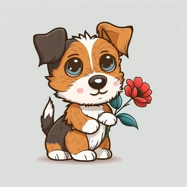 mascot flat color cartoon Cute little dog with flower. Happy Valentine's day clipart. cartoon, vector, illustration. white background