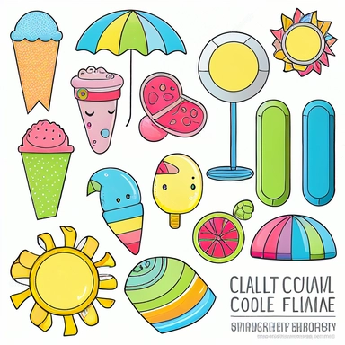 Please create a series of color-pencil clipart illustrations featuring different items related to summer. Each illustration should be drawn in a playful and cheerful style that captures the vibrancy and warmth of the season. Items to include can be beach balls, watermelons, sun hats, flip-flops, and ice cream cones. Please use a colorful and coherent color palette that is bright and evokes the feeling of warmth and sunshine. Colors that are associated with summer, such as yellows, oranges, pinks