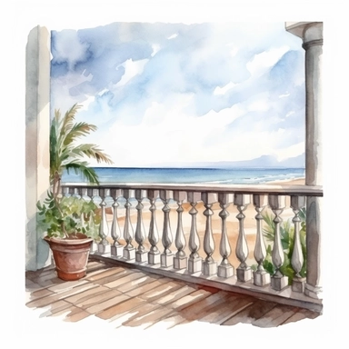 coastal view from a balcony , very detailed and realistic, watercolor, white background with margins, clipart style
